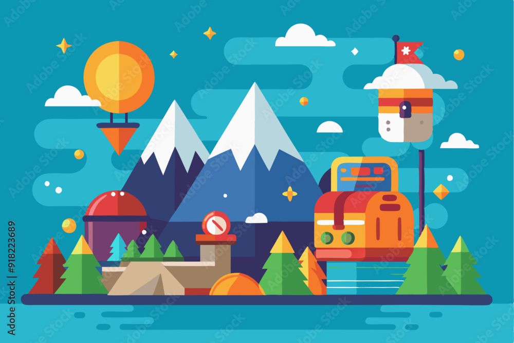 A Flat-Style Illustration of a Fantasy Landscape with a Hot Air Balloon, Mountains, a Cabin, and a Robotic Device A Flat-Style Illustration of a Fantasy Landscape with a Hot Air Balloon, Mountains, a Cabin, and a Robotic Device