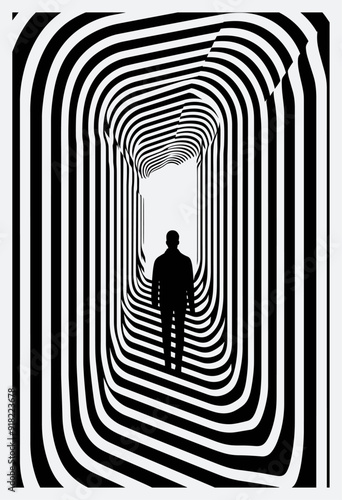 man entering a black and white psychedelic striped vortex