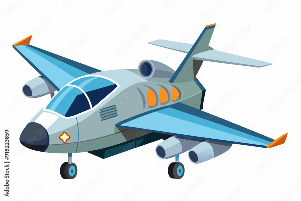 Fototapeta premium Cartoon illustration of a gray and blue airplane with orange accents