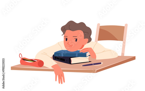 Bored young student sitting at desk tired from hard study. Lazy pupil lying on books at class table, funny sleepy boy doing school homework or exam test with tiredness cartoon vector illustration