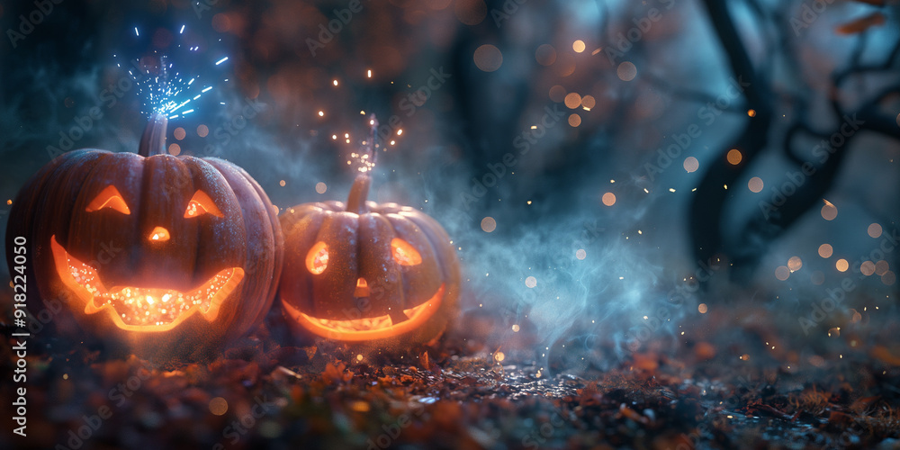 Fototapeta premium Magical spooky Halloween jack o lanterns in a pumpkin batch dark Halloween night