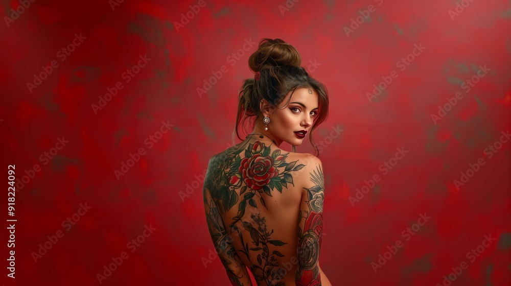 A beautiful woman with full body tattoos, facing the camera in a photo studio A beautiful woman with full body tattoos, facing the camera in a photo studio