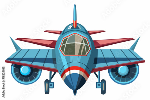 Cartoon Illustration of a Blue and Red Airplane with Landing Gear Down