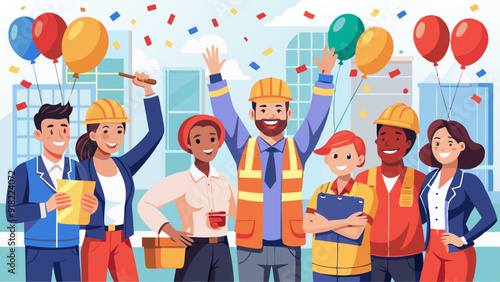 Diverse Workers Celebrating Labor Day in Office with Confetti and Balloons