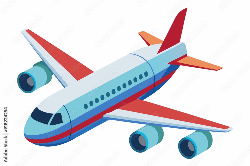 Airplane with Red and Blue Stripes Flying Airplane with Red and Blue Stripes Flying