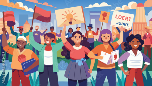 Labor Rights March: A peaceful march with diverse participants holding signs advocating for labor rights and fair wages.