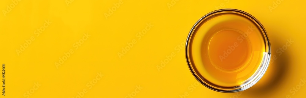 A small glass bowl filled with honey sits on a bright yellow background. The honey is clear and golden in color. A small glass bowl filled with honey sits on a bright yellow background. The honey is clear and golden in color.