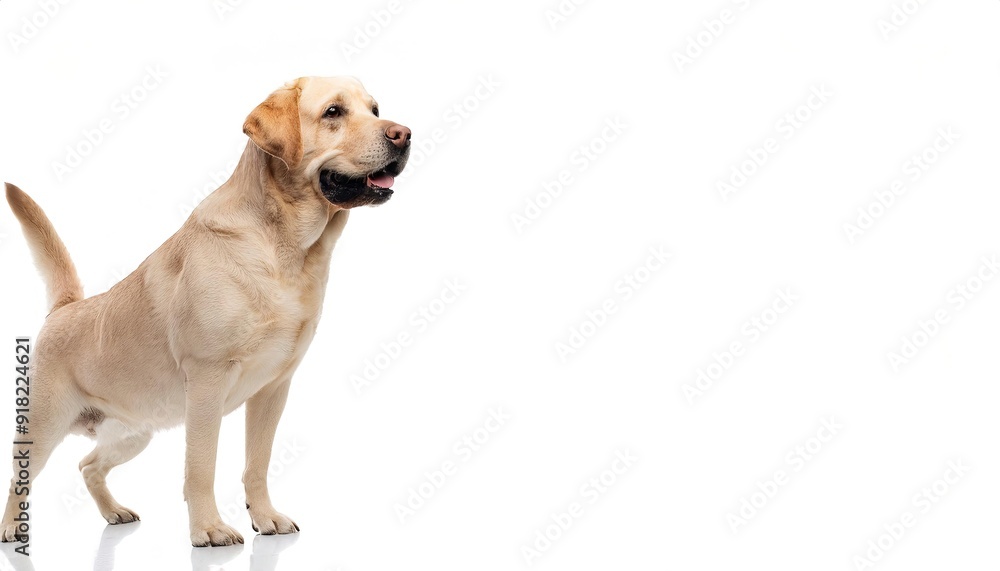 Yellow labrador lab retriever dog - Canis lupus familiaris - popular family dog, great with children isolated on white background laying down looking at camera with tongue out while panting Yellow labrador lab retriever dog - Canis lupus familiaris - popular family dog, great with children isolated on white background laying down looking at camera with tongue out while panting