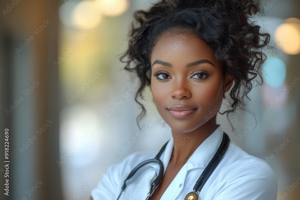 confident black female doctor arms crossed modern hospital setting natural light from window professional trustworthy demeanor diverse healthcare representation confident black female doctor arms crossed modern hospital setting natural light from window professional trustworthy demeanor diverse healthcare representation