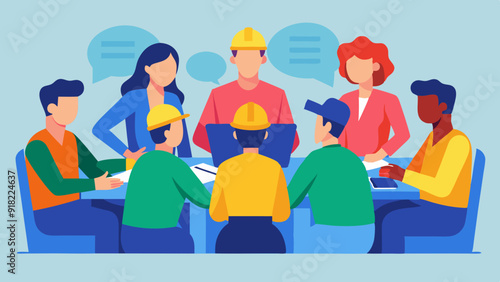 A group of union members having a meeting or discussion about labor rights and worker benefits.
