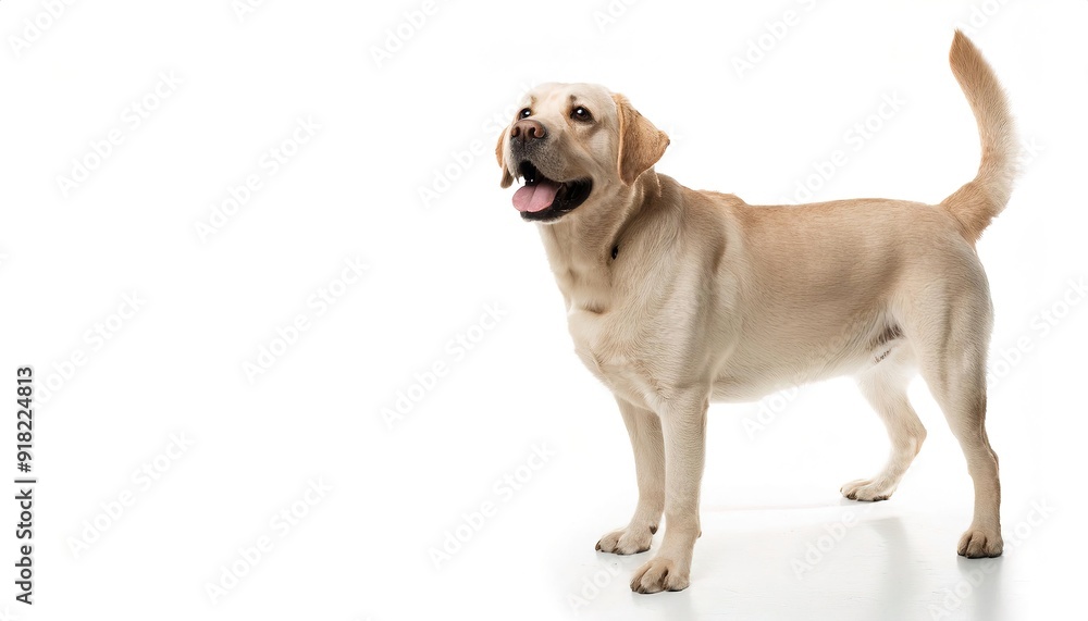 Yellow labrador lab retriever dog - Canis lupus familiaris - popular family dog, great with children isolated on white background laying down looking at camera with tongue out while panting Yellow labrador lab retriever dog - Canis lupus familiaris - popular family dog, great with children isolated on white background laying down looking at camera with tongue out while panting