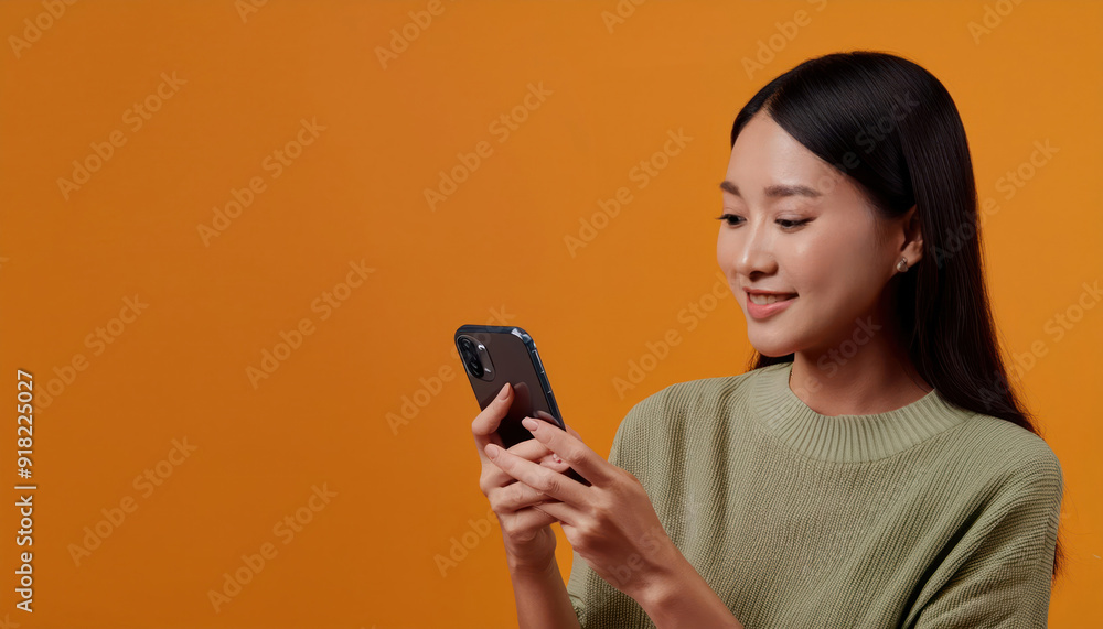 Woman happy smiling and mobile chat in her hand Woman happy smiling and mobile chat in her hand