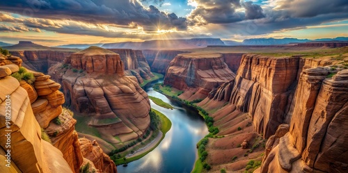 The sun sets over the Horseshoe Bend, illuminating the winding Colorado River and the surrounding rock formations with vibrant hues. Generative AI