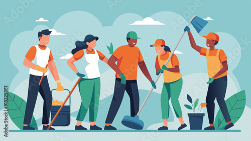 Workplace Volunteering: A group of employees volunteering together in a community service project in honor of Labor Day.