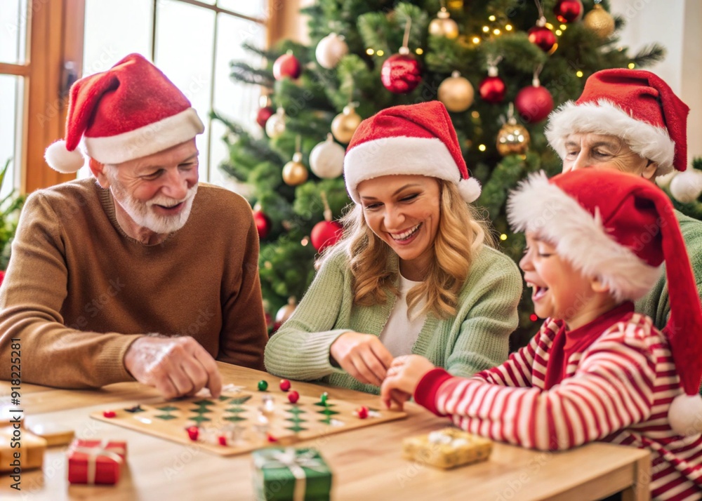 Family Playing Christmas-Themed Board Games with Laughter and Cheer Family Playing Christmas-Themed Board Games with Laughter and Cheer