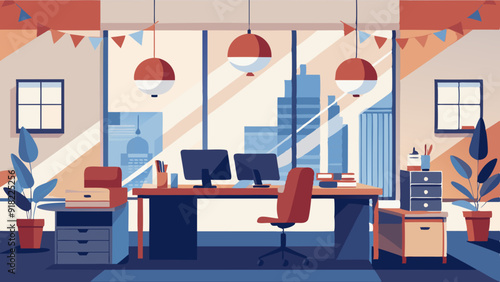Labor Day Themed Office Decor: An office space fully decorated with Labor Day-themed decorations, including banners, posters, and balloons.
