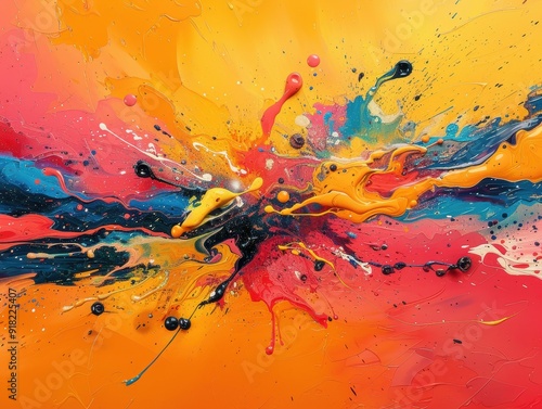 Chaotic energy, splatter paint, explosive, dynamic, abstract art.