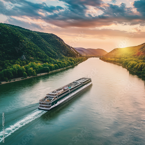 A river cruise ship traveling along the Danube River in Europe