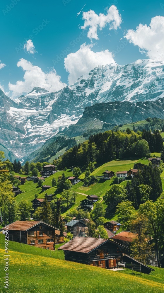 Obraz premium A Small Village on Hill with Mountain Ranges Background