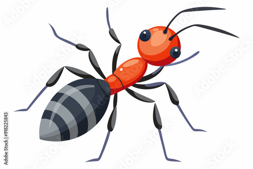 A cartoon illustration of a red and black ant from a top-down view.