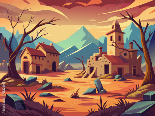 abandoned village, illustration, background, art