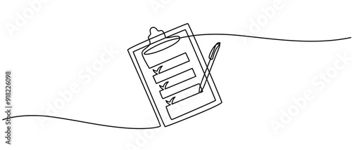 Clipboard with checklist and pen in one continuous line drawing. To do list with ticks and concept for test expertise and exam in simple linear style. Editable stroke pro vector illustration