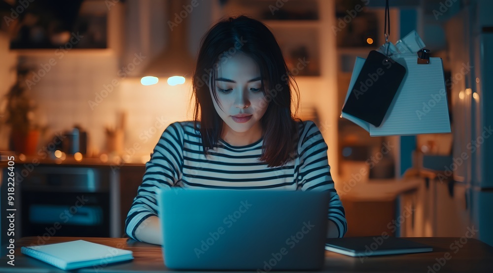 A woman in a striped shirt sitting at a table and working on a laptop