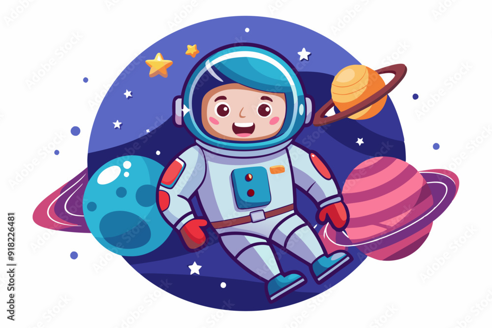 Fototapeta premium Cheerful Astronaut Floating in Space with Planets and Stars