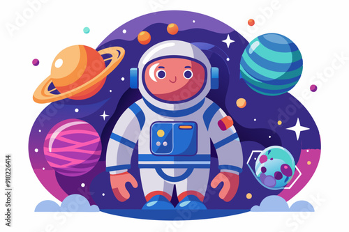 An astronaut stands in space with planets and stars surrounding him.