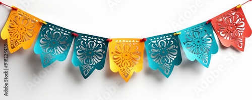  traditional paper garland of hand-cut flags Isolated on a white background. Party decoration for celebrating the Day of the dead, Cinco de Mayo, Halloween, day of the dead.