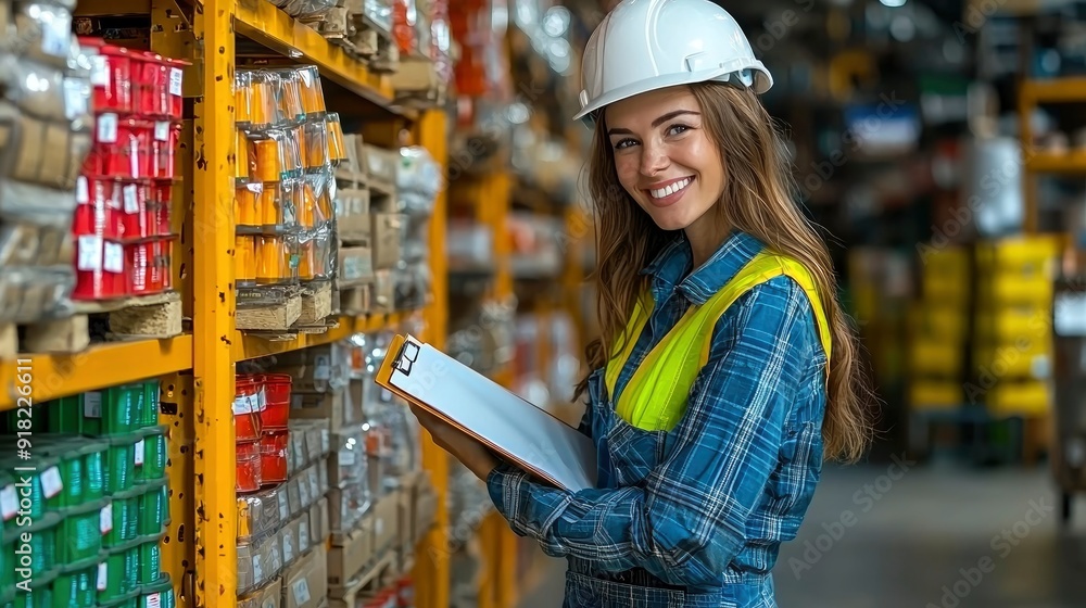 Smiling Female Warehouse Worker Checking Inventory Smiling Female Warehouse Worker Checking Inventory