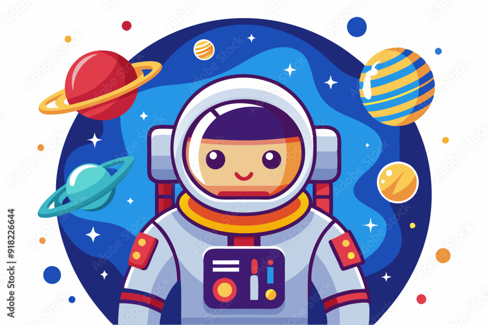Fototapeta premium Smiling Astronaut in Space Suit Surrounded by Planets