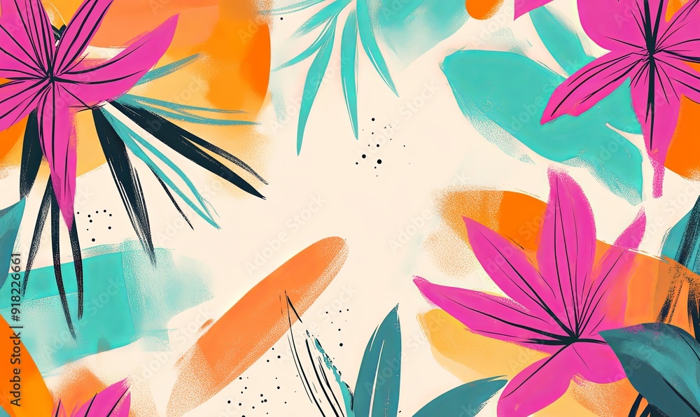 Abstract tropical floral design with pink flowers, orange and blue leaves on a cream background. Abstract tropical floral design with pink flowers, orange and blue leaves on a cream background.