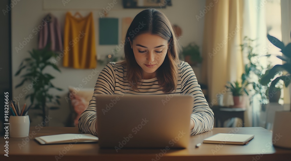 A woman in a striped shirt sitting at a table and working on a laptop A woman in a striped shirt sitting at a table and working on a laptop