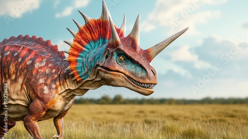 Styracosaurus displaying vibrant frill in a grassy plain, CGI dinosaurs, striking visual display