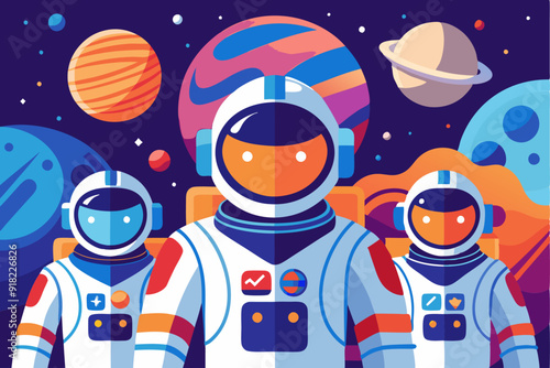 Three Astronauts Standing in Space Surrounded by Planets