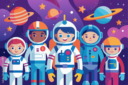 Diverse Group of Astronauts in Space Suits Against Starry Background