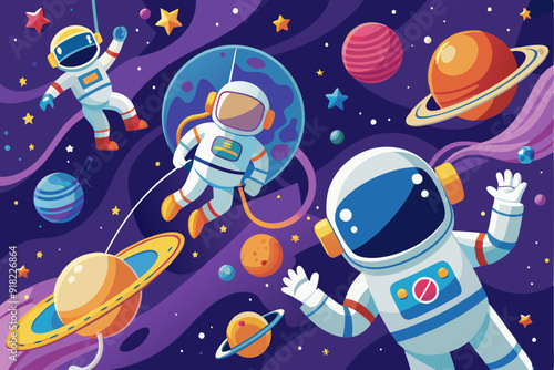 Cartoon Astronauts Floating in Space with Planets and Stars