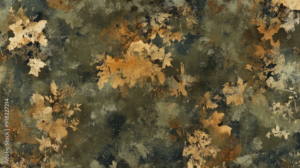Abstract Autumn Leaves Pattern - A seamless pattern featuring abstract fall leaves in shades of gold and brown against a dark green background. The leaves are layered, overlapping and creating a sense Abstract Autumn Leaves Pattern - A seamless pattern featuring abstract fall leaves in shades of gold and brown against a dark green background. The leaves are layered, overlapping and creating a sense