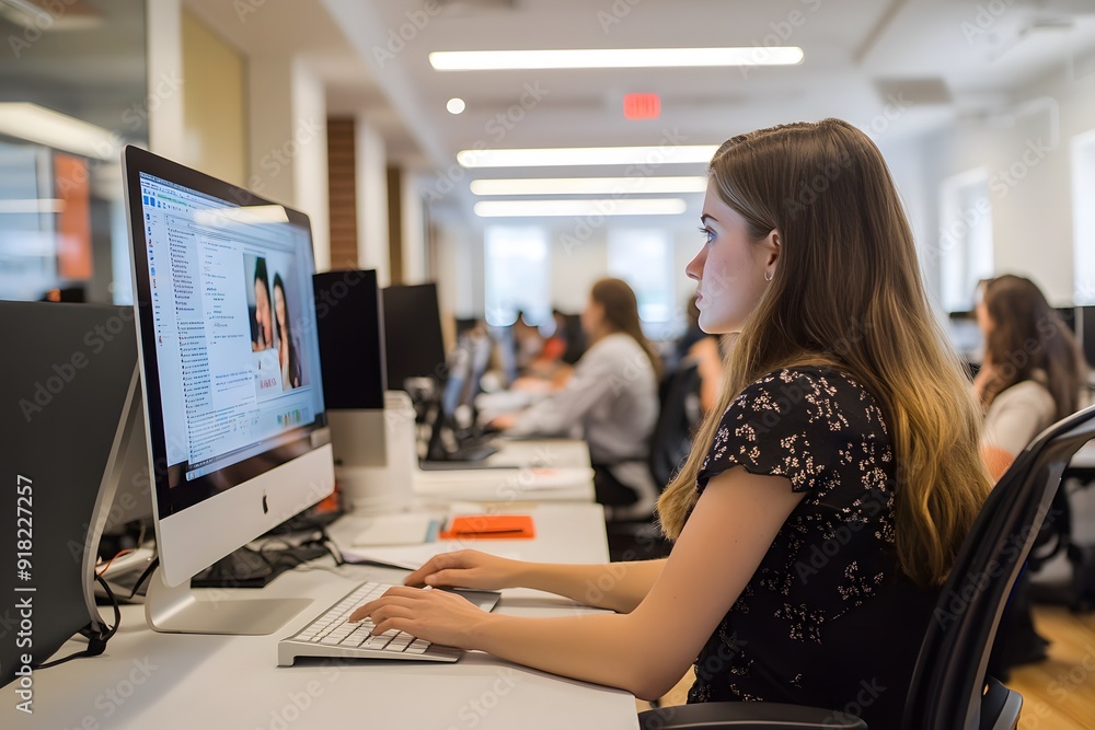 A woman working at her desk in an open office space,workspace