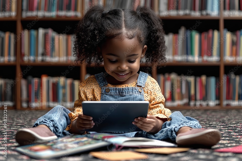 Young girl reading a digital book in a library Stock Photo | Adobe Stock