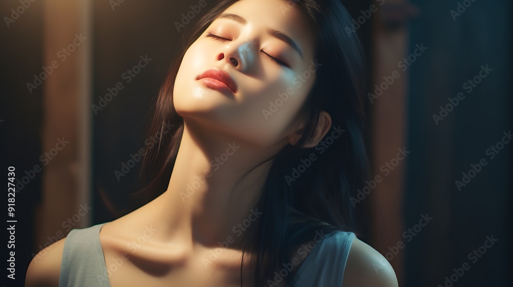Asian girl with stiff neck, massaging pain at home Asian girl with stiff neck, massaging pain at home
