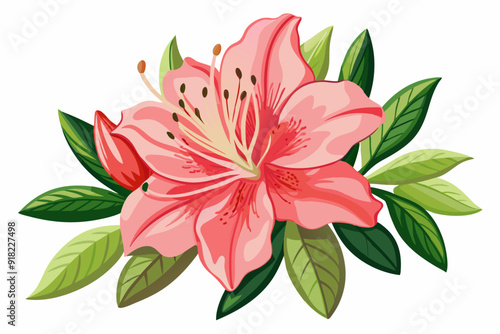 Pink Azalea Blossom with Green Leaves