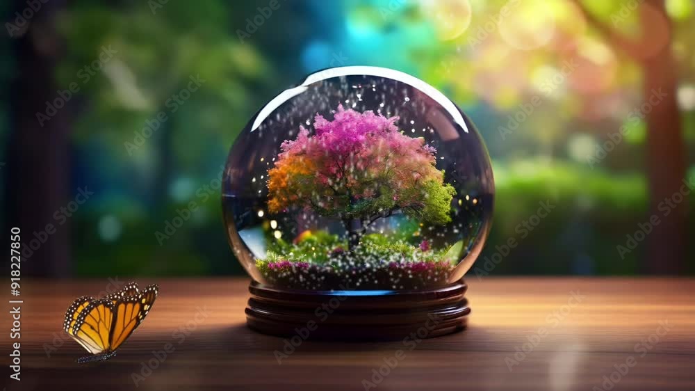 Glass ball with a tree with colorful leaves. Comfortable background with bokeh effect. Seamless 4K looping timelapse video animation generated AI Glass ball with a tree with colorful leaves. Comfortable background with bokeh effect. Seamless 4K looping timelapse video animation generated AI