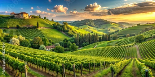 Quintessential European vineyard scene with lush green vines, rolling hills, and rustic charm , vineyard, Europe, wine