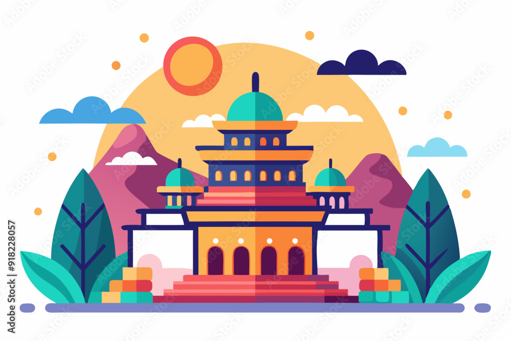 Fototapeta premium A mosque with colorful architecture and surrounding greenery