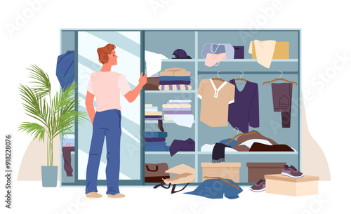 Messy wardrobe with clutter and young man, mess and disorganized clothes chaos in open closet. Student standing in front of cupboard full of clothes to organize storage cartoon