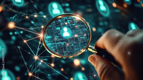 Data security concept with magnifying glass over icon showing human silhouette and computer chip. Magnifying glass on person icon. Technology concept for identity digitalization.