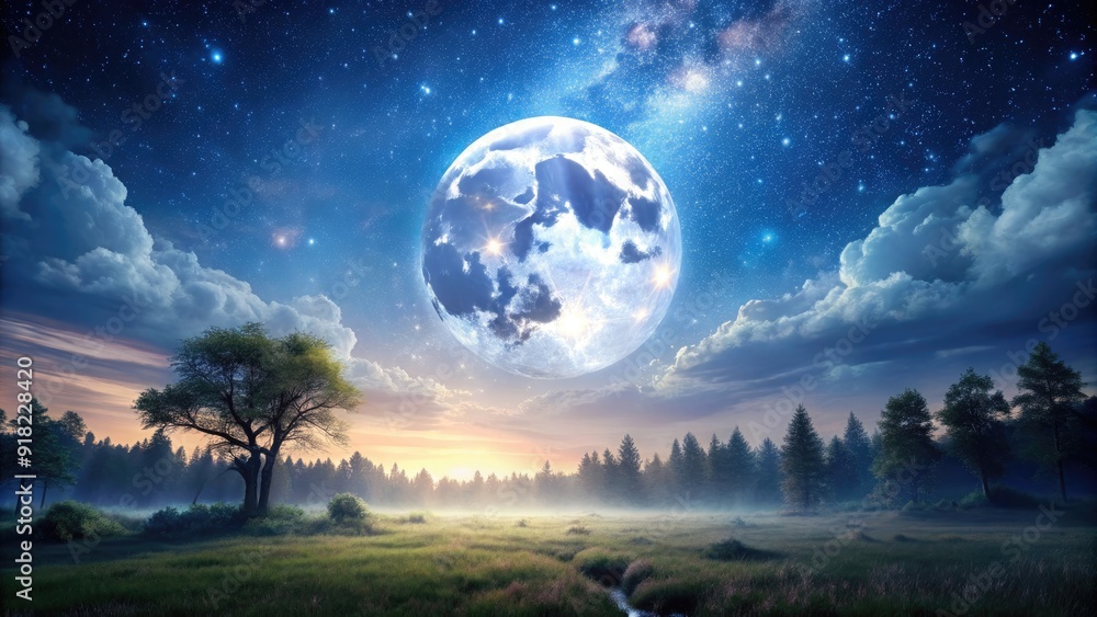 Majestic landscape with a bright full moon shining in the night sky, moon, night, sky, stars, horizon, nature, outdoor Majestic landscape with a bright full moon shining in the night sky, moon, night, sky, stars, horizon, nature, outdoor