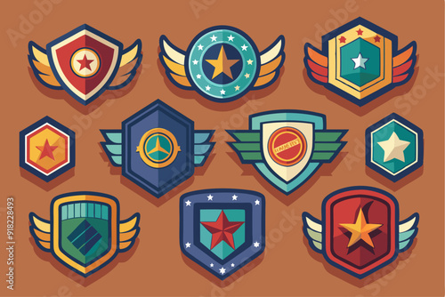 Collection of Colorful Star and Shield Badges with Wings